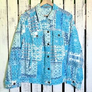 Jessica London Blue Patchwork Paisley Denim Jacket Plus Size 20 W Floral Boho